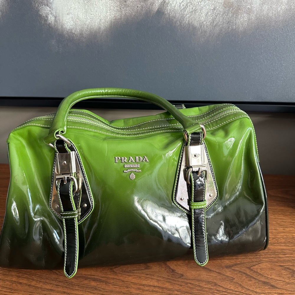 Prada Green to Dark Green Patent Leather Satchel